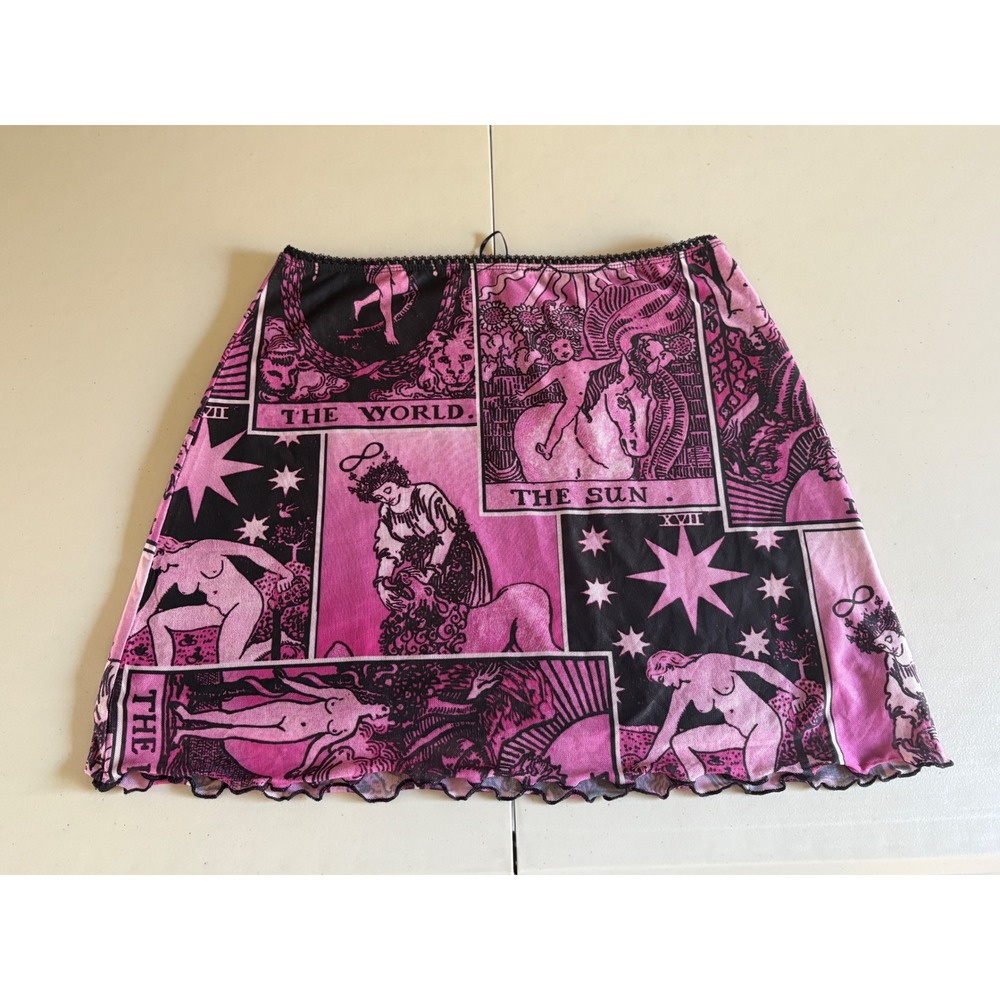 Horoscopez Dolls Kill Pink Tarot Card Mesh Mini Skirt Lettuce Hem Large Womens